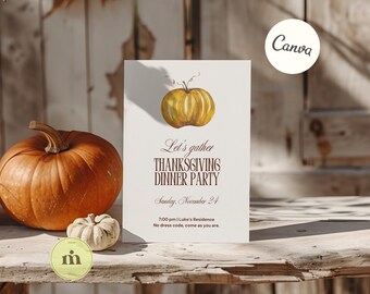 Thanksgiving Invitation - Editable Hand Painted Watercolor Pumpkin Template, Instant Download for Dinner Party Gatherings