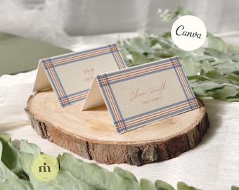 Coastal Beach Place Cards for Weddings, New England Theme, Blue Red Stripes, Editable Summer Table Decor