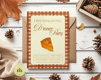 Friendsgiving Invitation, Hand Painted Pumpkin Pie Invite Template for Thanksgiving, Printable Watercolor Tablecloth Design for Gatherings