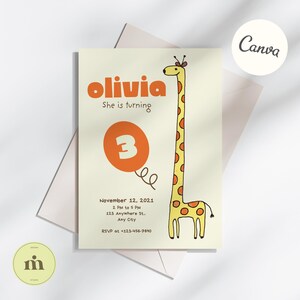 Faire-part d'anniversaire animal du zoo modifiable, thème de la jungle safari, girafe dessinée à la main, carte d'anniversaire de bébé, téléchargement immédiat, modèle de toile