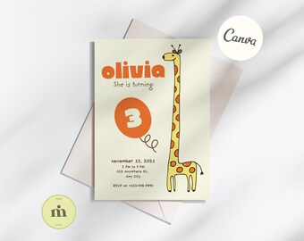 Editable Zoo Animal Birthday Invitation, Safari Jungle Theme, Hand-Drawn Giraffe, Baby's 1st Birthday Card, Instant Download, Canva Template