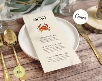 Beach Wedding Menu Template, Watercolor Crab Hand-Painted, Editable Digital File for Coastal & Summer Wedding Decor