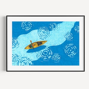 Cuadro de barco amarillo, impresión artística para pared, pintura al óleo, pastel, pintura a lápiz de color, póster del océano, decoración del hogar, regalo para un amigo, kayak de mar