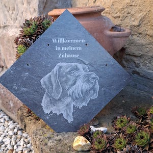 Könnte beinhalten: Dunkelgraues, rautenförmiges Schiefer-Schild mit dem eingravierten Bild eines Hundekopfes und dem deutschen Text "Willkommen in meinem Zuhause". Das Schild wird im Freien, umgeben von Grün und einer Steinmauer, präsentiert.