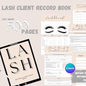 Könnte beinhalten: Ein digitaler Download eines Wimpern-Kunden-Aufnahmebuchs mit über 500 Seiten. Das Buch enthält ein Behandlungsprotokoll, eine Patch-Test-Konsultationskarte, eine Kundenaufnahme- und Konsultationskarte sowie einen Wimpern-Aufnahmebogen. Das Buch ist über Canva bearbeitbar.