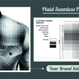 Pode incluir: Uma camisa de flanela xadrez preta e branca com um bolso no peito e uma pequena etiqueta preta com a palavra Warrior. Ao lado, um diagrama técnico mostra um padrão xadrez sem costuras de 130 mm por 130 mm com amostras de branco, cinzento e preto.