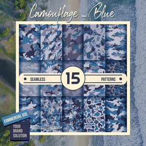 Paquete económico con diseño de camuflaje azul, patrones digitales sin costuras. Uso para impresión de telas, tarjetas, sublimación y licencia comercial.
