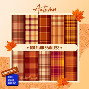 Puede incluir: Imagen que muestra 100 patrones de cuadros sin costuras en colores otoñales cálidos. Los patrones presentan varios diseños en tonos marrones, naranjas y burdeos. La palabra "Autumn" está escrita en cursiva, con hojas de arce.