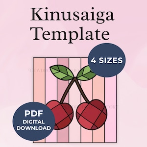 Puede incluir: Una plantilla Kinusaiga de descarga digital con una ilustración gráfica de dos cerezas rojas con hojas verdes sobre un fondo de rayas rosas verticales. La imagen incluye el texto Kinusaiga Template, 4 SIZES y PDF DIGITAL DOWNLOAD.