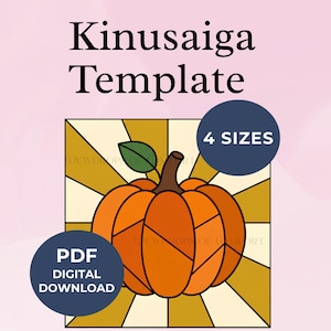 Pode incluir: Um modelo Kinusaiga com uma ilustração gráfica de uma abóbora laranja com caule castanho e folha verde. O fundo tem raios de sol amarelos e brancos. O texto inclui Kinusaiga Template, 4 SIZES, PDF DIGITAL DOWNLOAD e DEWDROPS OF COMFORT.