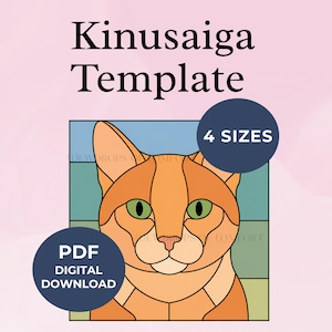Pode incluir: Um modelo Kinusaiga para download digital com uma ilustração de um gato laranja estilizado com olhos verdes. O gráfico inclui o texto Kinusaiga Template, 4 Sizes e PDF Digital Download sobre um fundo de faixas de cores horizontais.