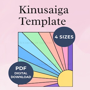 Peut inclure: Un modèle Kinusaiga en téléchargement numérique présentant un graphique carré avec un motif en rayons de soleil aux couleurs pastel, notamment jaune, rose, bleu et vert. Le texte indique Kinusaiga Template, 4 SIZES, PDF DIGITAL DOWNLOAD et DEWDROPS OF COMFORT.