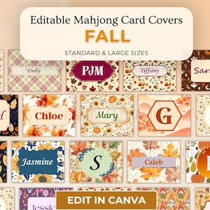 Puede incluir: Una colección de fundas para tarjetas de Mahjong editables con diseños de otoño que incluyen calabazas, hojas, girasoles y gnomos. La imagen incluye los textos Editable Mahjong Card Covers, FALL, STANDARD & LARGE SIZES y EDIT IN CANVA.