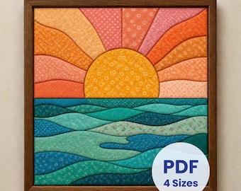 May include: A square fabric wall art piece in a dark wood frame depicting a sunrise over the ocean. The sun and sky feature orange, pink, and yellow floral patterns, while the sea consists of layered blue and teal fabric waves. A white circular label reads PDF 4 Sizes.