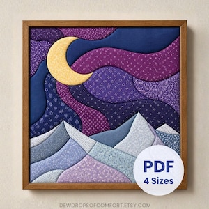 May include: A framed fabric wall art piece featuring a crescent moon and layered mountain landscape. The design uses various shades of blue and purple patterned fabric, with a yellow crescent moon. Text on the image reads PDF 4 Sizes.