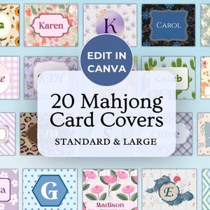 Puede incluir: Una colección de 20 fundas rectangulares para tarjetas de Mahjong con diversos patrones, incluyendo flores, estampado de leopardo y diseños geométricos. Cada funda muestra un nombre o inicial personalizable. Texto: EDIT IN CANVA 20 Mahjong Card Covers.