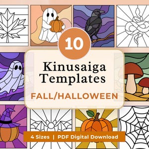 May include: A collection of 10 Kinusaiga templates for autumn and Halloween featuring stained glass style illustrations of ghosts, pumpkins, a crow, a snake, mushrooms, a witch hat, a bat, and a spider web with the text 10 Kinusaiga Templates.