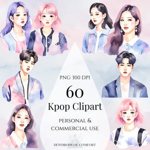 Set di clipart ad acquerello di gruppi di idol Kpop, adesivi PNG di ragazze/ragazzi coreani, grafica Kpop per uso commerciale, diario spazzatura, arte di album di ritagli digitali