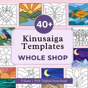 Op de afbeelding: Een verzameling van 40+ Kinusaiga-sjablonen met diverse lijntekeningen, waaronder een aardbei, vlinder, vis, vogel, kat, bloem en landschappen. De digitale download bevat drie formaten patronen voor diverse knutselprojecten.