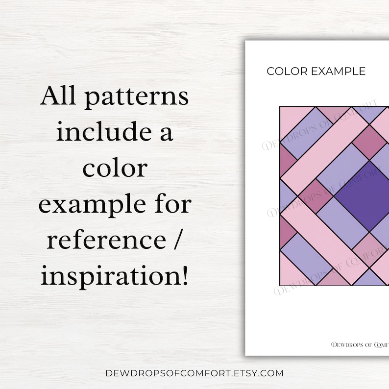K&ouml;nnte beinhalten: Ein Grafikdesign-Dokument mit dem Text "All patterns include a color example for reference / inspiration!" und einem "COLOR EXAMPLE"-Feld, das ein geometrisches Steppmuster in Rosa-, Lavendel- und Violettt&ouml;nen zeigt.