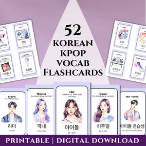 Learn Korean with Kpop Korean Flashcards, Korean Language Learning Pack, Study Korean Vocabulary Hangul, Printable Korean Study Vocab Cards