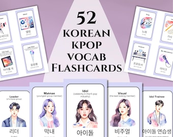 Learn Korean with Kpop Korean Flashcards, Korean Language Learning Pack, Study Korean Vocabulary Hangul, Printable Korean Study Vocab Cards