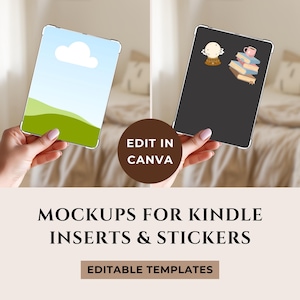Op de afbeelding: Twee Kindle-mockups worden in handen gehouden, één met een landschapsscène en de andere met stickers met boeken. De afbeelding bevat de tekst "Mockups for Kindle Inserts & Stickers" en "Editable Templates."