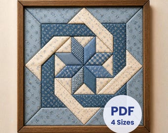 May include: A square quilt block pattern featuring a central star design in shades of blue and cream, framed in wood. The fabric displays various floral and geometric prints. A circular white overlay displays the text PDF 4 Sizes.