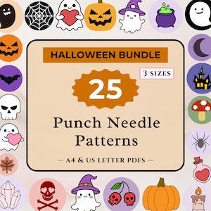 以下が含まれることがあります： ハロウィーンをテーマにした、25種類のパンチニードルパターンを収録したバンドル。デザインには、「HALLOWEEN BUNDLE」と「Punch Needle Patterns」という文字が入った中央のテキストボックスが含まれています。テキストボックスの周りには、お化け、カボチャ、コウモリなど、さまざまなハロウィーン関連のイラストが描かれています。