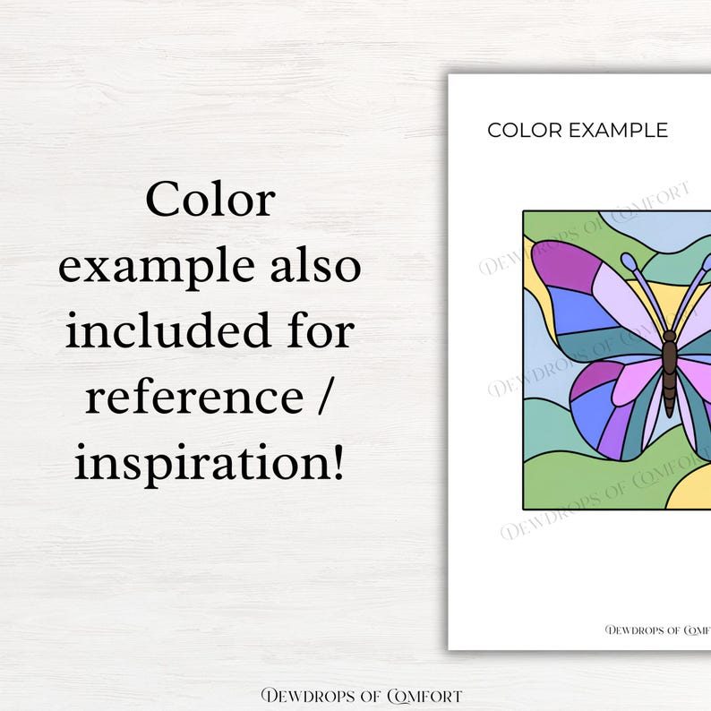 May include: A digital print featuring the text COLOR EXAMPLE at the top and DEWDROPS OF COMFORT at the bottom. The central graphic is a butterfly with purple, pink, and blue wings, set against a background of green and yellow shapes.
