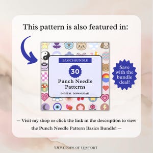 May include: A digital download for 30 punch needle patterns. The image features a colorful background with cute icons and the text "Basics Bundle" and "30 Punch Needle Patterns".