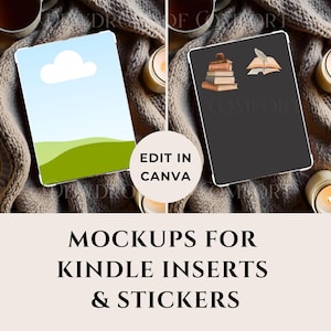 May include: Mockups for Kindle inserts and stickers. The image shows two tablets with different designs. One has a sky and green landscape, the other has a stack of books and a feather. The text "Edit in Canva" is also present.