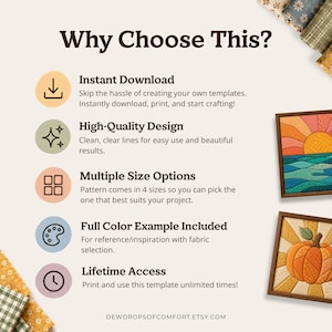 May include: An informational graphic titled Why Choose This? listing five features: Instant Download, High-Quality Design, Multiple Size Options, Full Color Example Included, and Lifetime Access. Two framed fabric art pieces are shown on the right.