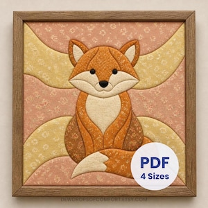 May include: A framed fabric quilt block featuring a stylized fox with orange, cream, and brown floral patterned fabric pieces. The fox has black bead eyes and a black nose. A white circular overlay in the corner displays the text PDF 4 Sizes.