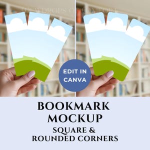 Puede incluir: Una imagen de maqueta de tres marcadores con un diseño de paisaje, sostenidos por una persona. Los marcadores tienen un diseño de cielo azul y colinas verdes. La imagen también incluye el texto "EDIT IN CANVA" y "BOOKMARK MOCKUP SQUARE & ROUNDED CORNERS."