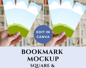 Three Bookmark Mockup Template, Round Edge Bookmark Mockup Canva, Square Corner Bookmark Mock Up, Bookshelf Bookmark Canva Mockup Bookmark