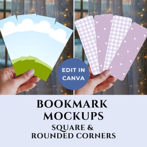 May include: Image of bookmark mockups. One set features a landscape design with blue skies, white clouds, and green hills. The other set showcases purple bookmarks with white gingham and heart patterns. The text reads "BOOKMARK MOCKUPS SQUARE & ROUNDED CORNERS."