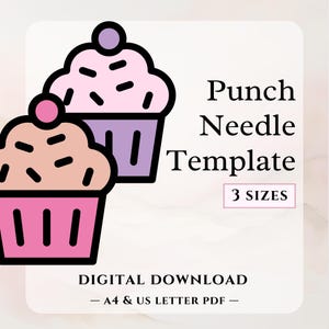 May include: Two pink and purple cupcake punch needle templates. The text "Punch Needle Template" and "3 SIZES" is on the image. The text "DIGITAL DOWNLOAD - A4 & US LETTER PDF -" is at the bottom of the image.