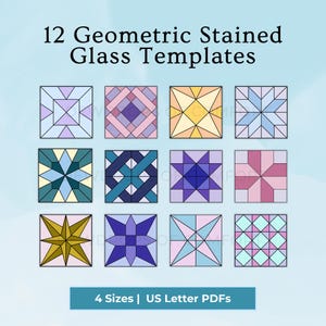 May include: A collection of 12 Geometric Stained Glass Templates arranged in a grid. Each square features a unique pattern of triangles, diamonds, and stars in various pastel and bold colors. Text reads 12 Geometric Stained Glass Templates and 4 Sizes | US Letter PDFs.