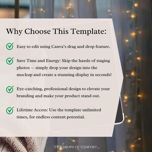 May include: A digital mockup template with text that reads "Why Choose This Template:" and lists features like easy editing, time-saving, professional design, and lifetime access. The template is displayed on a phone-like device with a blurred background of fairy lights.