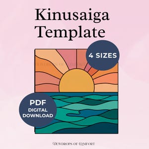 Może przedstawiać: Szablon Kinusaiga do pobrania cyfrowego z grafiką przedstawiającą zachód słońca nad oceanem. Projekt zawiera żółte słońce, pomarańczowo-różowe promienie nieba oraz falującą niebiesko-turkusową wodę. Tekst: Kinusaiga Template, 4 SIZES, PDF DIGITAL DOWNLOAD, DEWDROPS OF COMFORT.