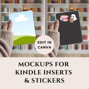 以下が含まれることがあります： 風景画とゴーストと本のステッカーが付いた2つのタブレットモックアップ。 「Edit in Canva」というテキストが円の中にあります。 下部のテキストは「Mockups for Kindle Inserts & Stickers」と書かれています。