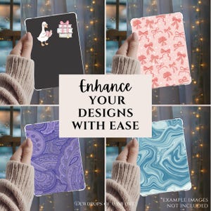 May include: A collage of tablet cases with various designs. One case is black with a goose and book stickers. Another has a pink bow pattern. A third features a purple paisley design, and the last has a blue marble effect. Text reads "Enhance YOUR DESIGNS WITH EASE."