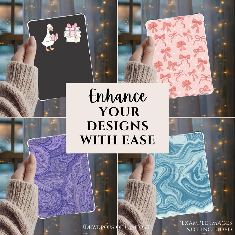 May include: A collage of tablet cases with various designs. One case is black with a goose and book stickers. Another has a pink bow pattern. A third features a purple paisley design, and the last has a blue marble effect. Text reads "Enhance YOUR DESIGNS WITH EASE."