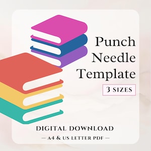 Puede incluir: Plantilla de descarga digital para bordado con aguja de punzón. La plantilla presenta una pila de libros coloridos con el texto "Punch Needle Template" y "3 SIZES" en un rectángulo rosa.