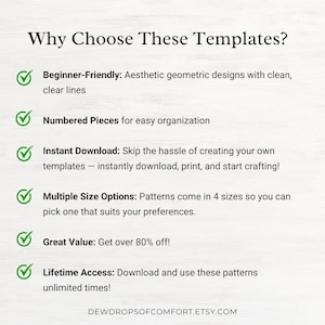 K&ouml;nnte beinhalten: Eine digitale Infografik mit dem Titel Why Choose These Templates? mit sechs gr&uuml;nen H&auml;kchen-Aufz&auml;hlungspunkten, die die Vorteile auflisten: Beginner-Friendly, Numbered Pieces, Instant Download, Multiple Size Options, Great Value und Lifetime Access.