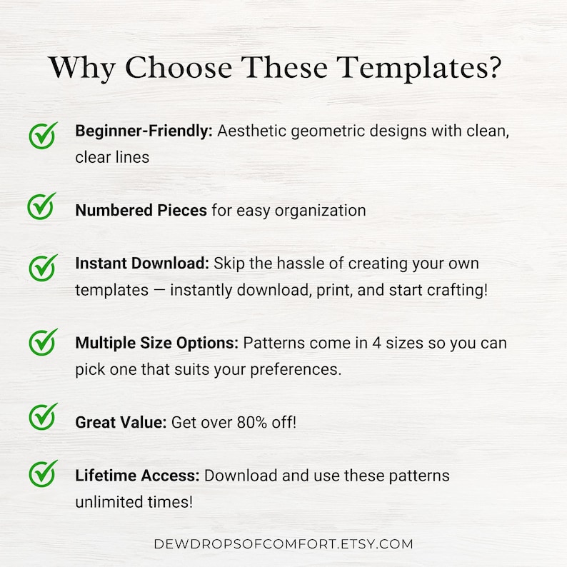 K&ouml;nnte beinhalten: Eine digitale Infografik mit dem Titel Why Choose These Templates? mit sechs gr&uuml;nen H&auml;kchen-Aufz&auml;hlungspunkten, die die Vorteile auflisten: Beginner-Friendly, Numbered Pieces, Instant Download, Multiple Size Options, Great Value und Lifetime Access.