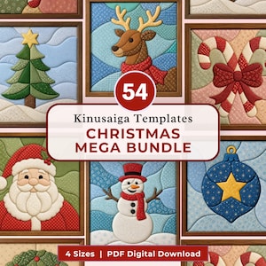 May include: A collection of 54 Kinusaiga templates for a Christmas mega bundle, featuring quilted fabric designs of a reindeer, candy canes, Santa Claus, a snowman, a Christmas tree, and an ornament. Includes 4 sizes and PDF digital download.
