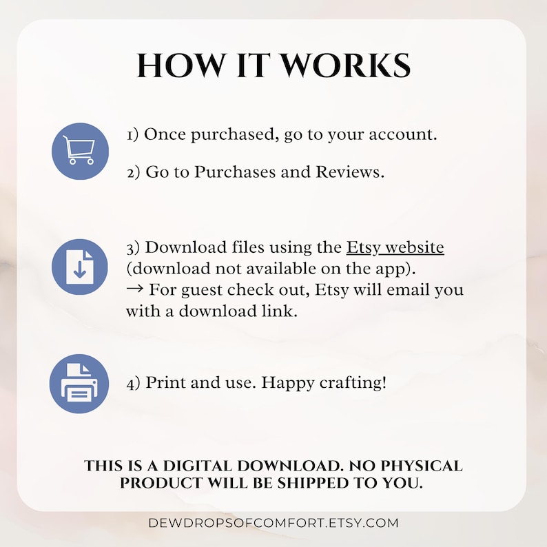 May include: An instructional graphic titled HOW IT WORKS with four steps for downloading digital files. It features blue circular icons for a shopping cart, a file download, and a printer. The text explains the process for account access, file retrieval, and printing, noting this is a digital download.