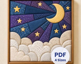 May include: A square fabric wall hanging in a wooden frame featuring a night sky scene with a yellow crescent moon and yellow stars against a background of dark blue and purple fabric segments. Below, white clouds are layered in a quilted pattern.